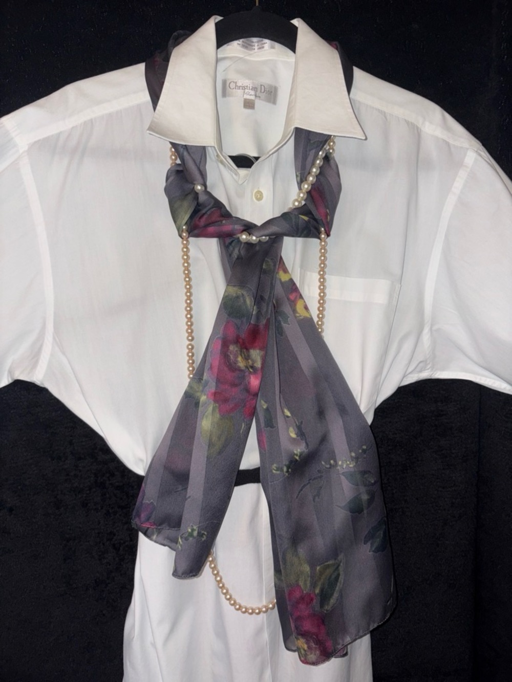 Vintage Floral Striped Silk Oblong Scarf OS Charcoal Grey Burgundy Romantic EUC